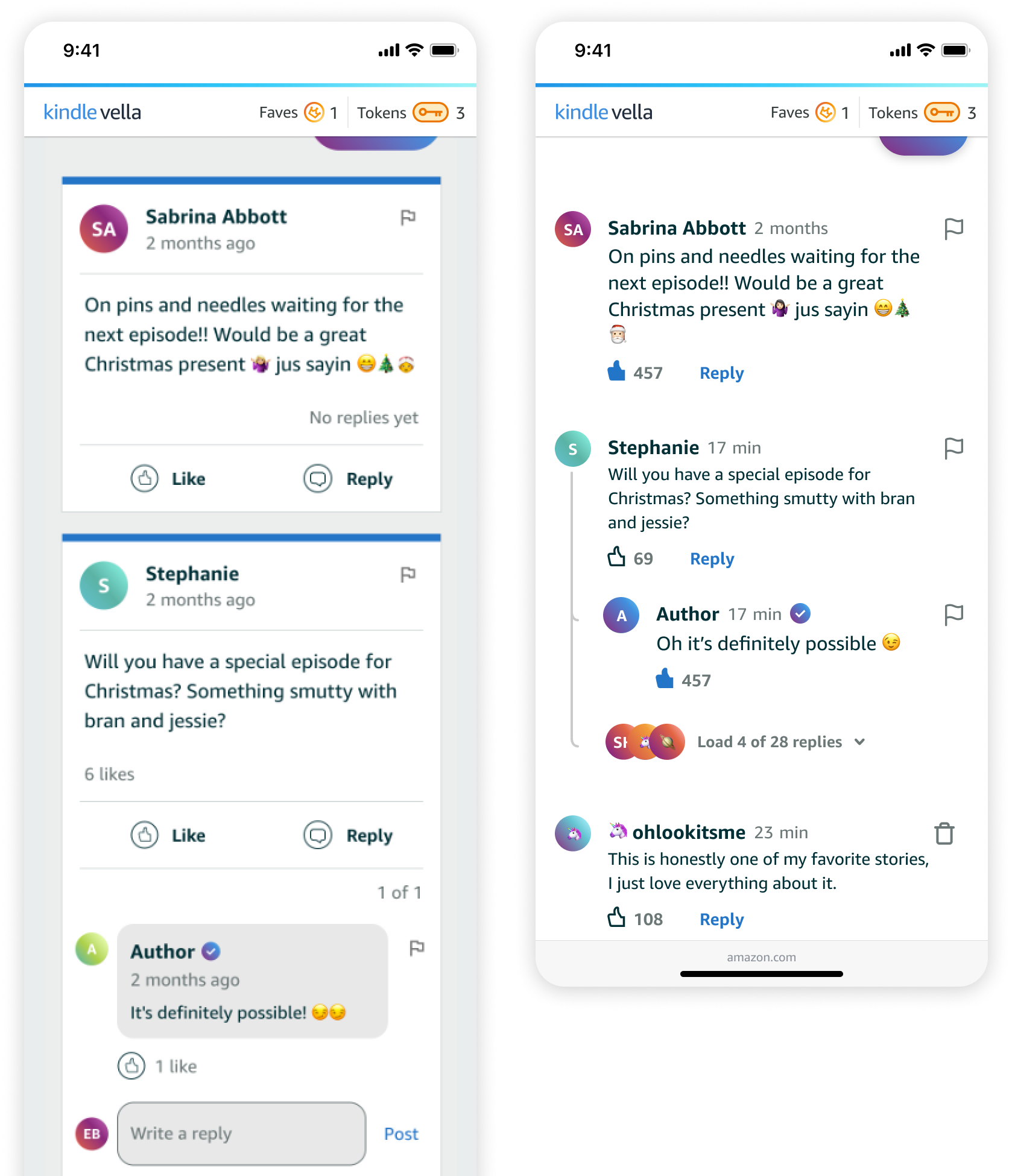 Left: the P0 launch design for comments; Right: the redesigned, tokenized version that was designed to modularly fit into anywhere someone might want to have a comment thread