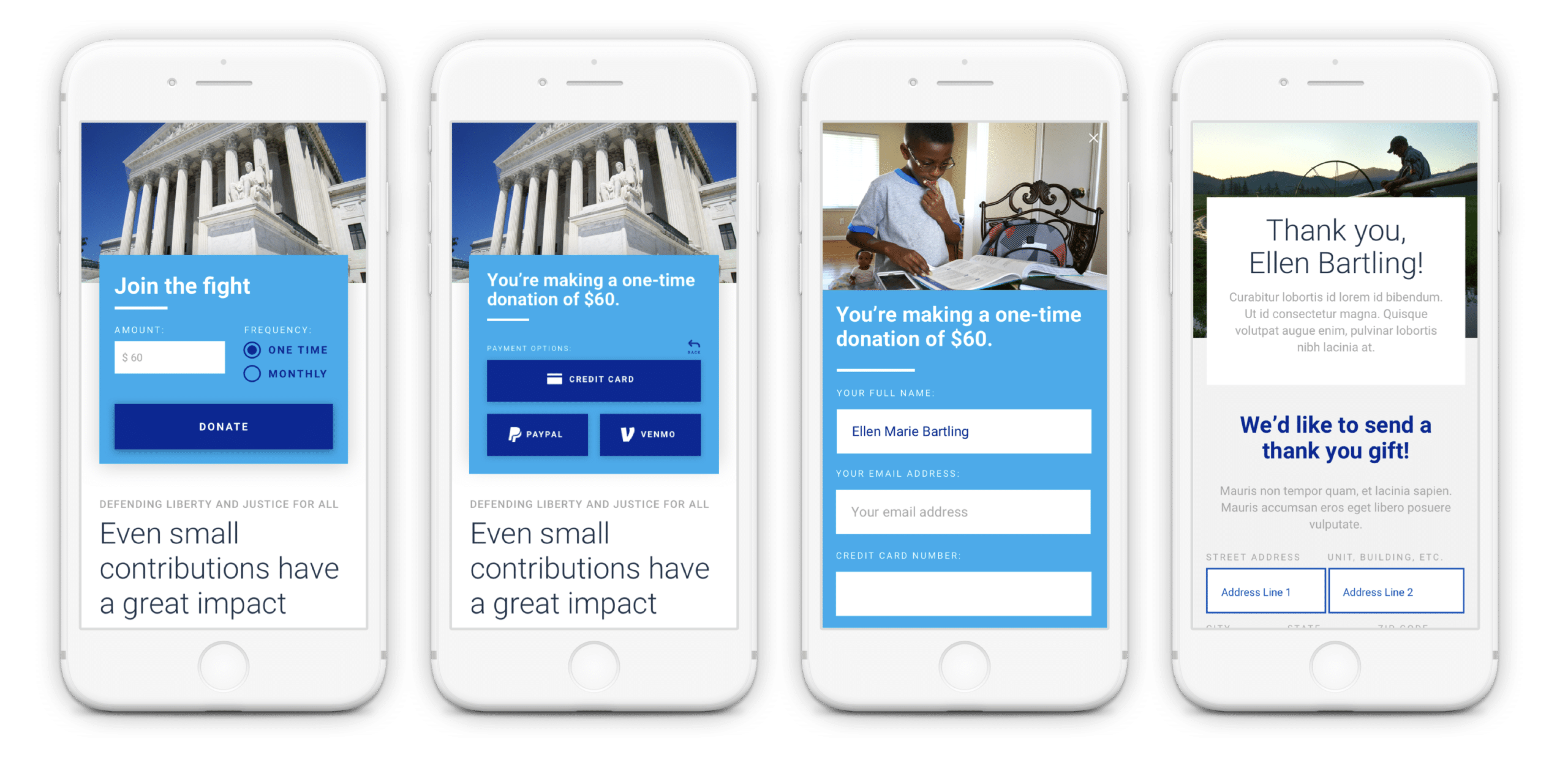 Our new donation flow, which only asks for mailing address at the end, and makes it optional.
