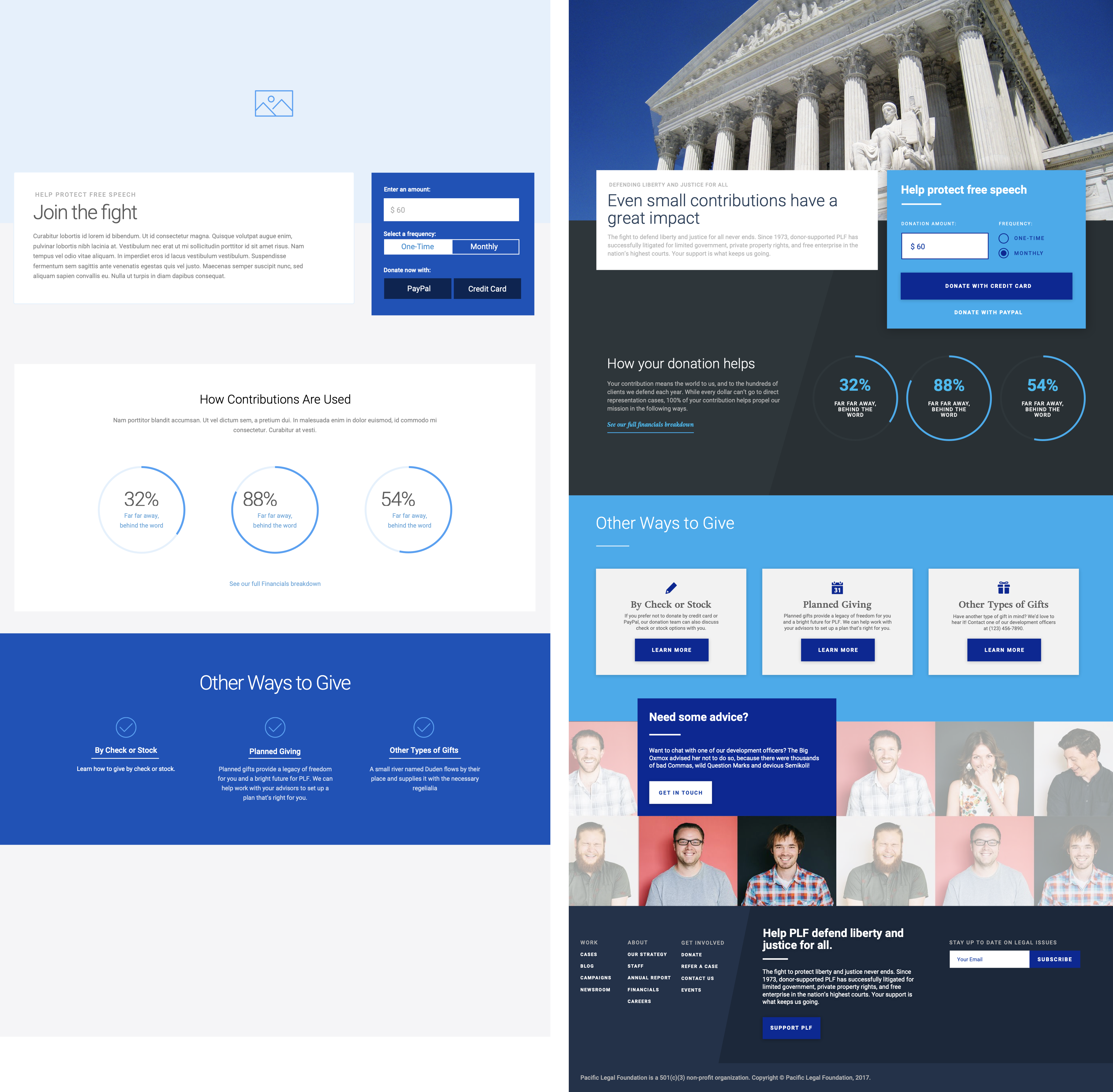 Left: a wireframe concept of the new donation page + modular widget; Right: the fully fleshed-out version.